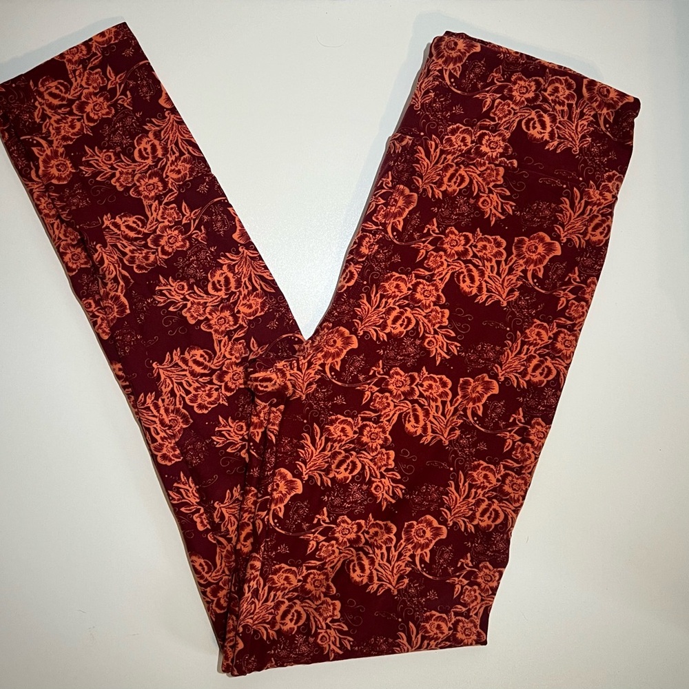 LuLaRoe Women’s One Size Leggings – Burgundy & Orange Floral Print, NWOT